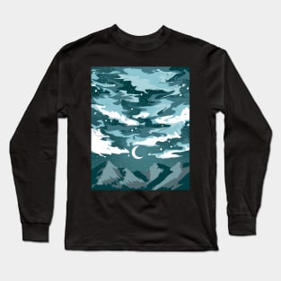 Teal cloudy sky above mountains with a crescent moon Long Sleeve T-Shirt